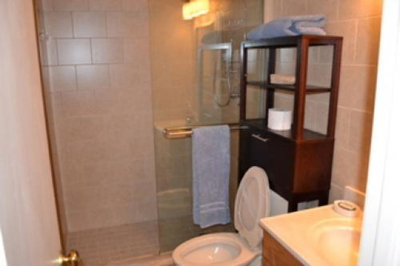 bathroom with walk in shower and glass doors