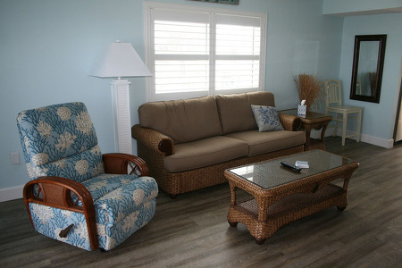 brown couch next to blue chair